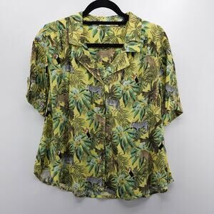 Jane + Delancey African Jungle Animal Print Button Up Blouse Green Large